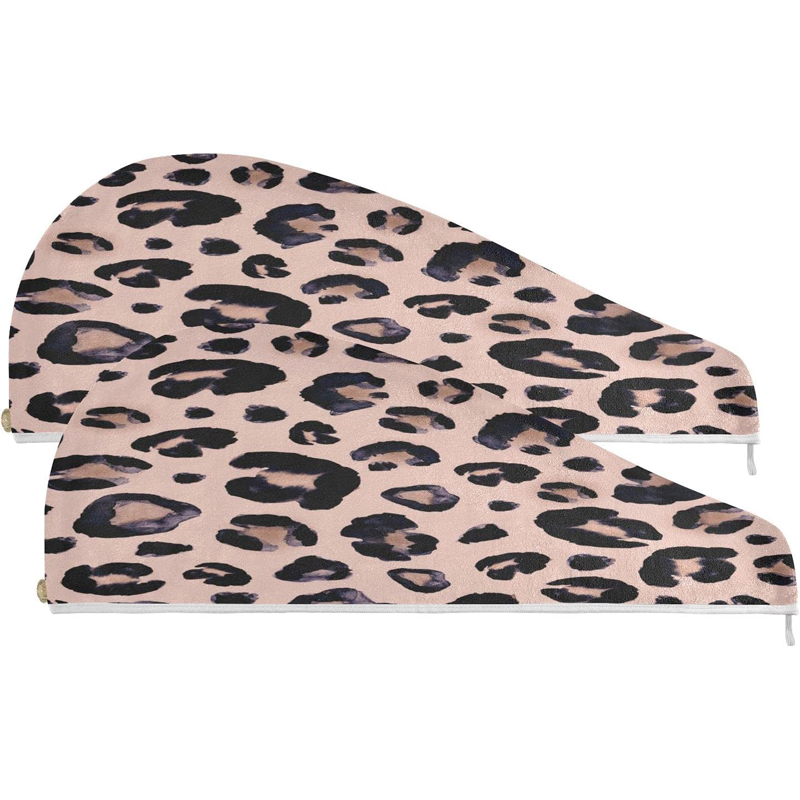 Hair Towel Wrap - 2Pack Hair Head Drying Turban Wet Hair Towels Leopard Print Cheetah Pink Absorbent Microfiber Hair Towel with Button