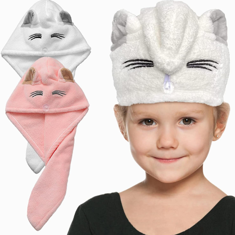 Microfiber Hair Towel for Kids Girls and Women - Quick Drying Hair for Children - Super Absorbent Head Turban with Button - 2 Pack