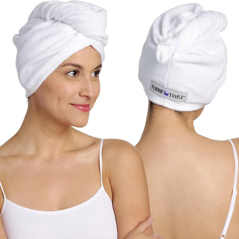 Microfiber Hair Towel Wrap - for Women, Men & Kids - Travel & Bathroom Essential - Quick Dry Hair Turban for Curly, Long & Thick Hair - 2 Pack (White, White)