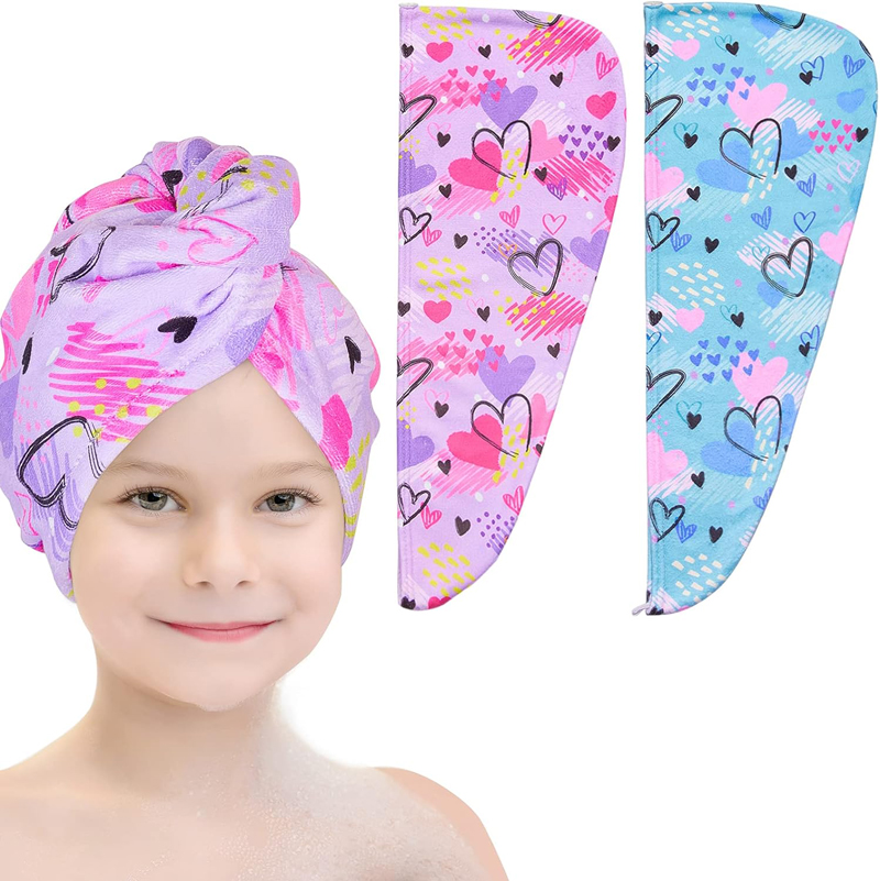 Microfiber Hair Towel Wrap for Kids 2 Pack Rapid Drying Hair Towel with Button Hair Turbans for Wet Hair Wraps Head Towel Wrap for Women and Girls, Love