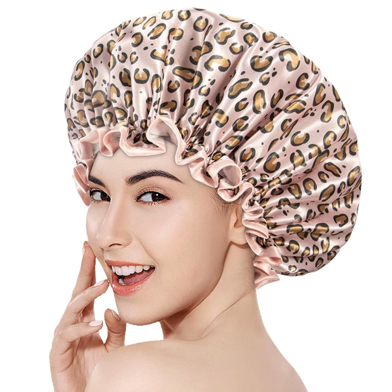 Shower Cap for Women, Reusable Shower Caps for Womens, Adult Hair Cap for All Hair, Double Waterproof EVA Lining, Leopard Shower Cap for Long Thick Hair